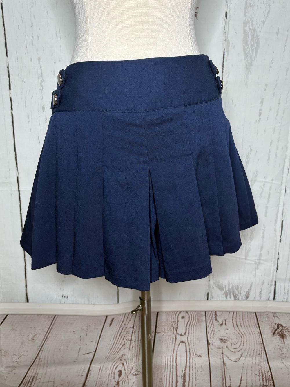 Navy Pleated Mini Skirt with Side Button Detail
